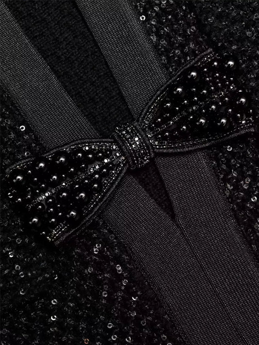 Black Beaded Bow Knit Tweed Mini Dress - Dresses