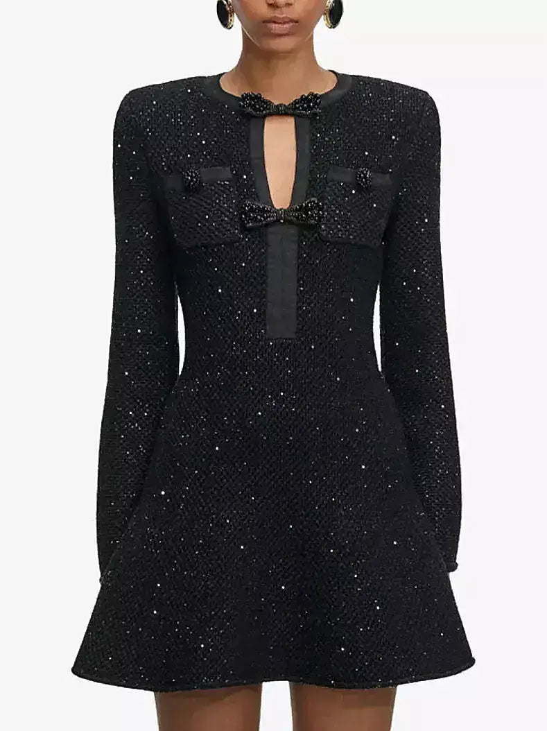 Black Beaded Bow Knit Tweed Mini Dress - Dresses