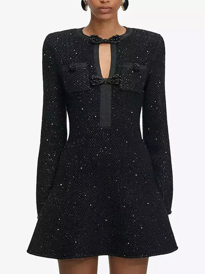 Black Beaded Bow Knit Tweed Mini Dress - Dresses
