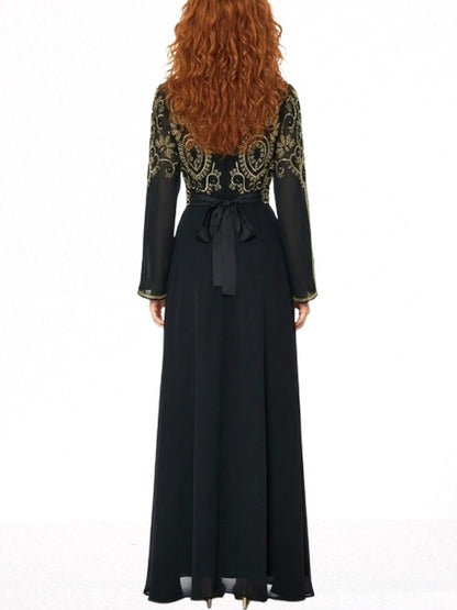 Black Beaded Chiffon Gown with Gold Embroidery - Dresses