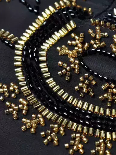 Black Beaded Chiffon Gown with Gold Embroidery - Dresses