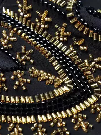 Black Beaded Chiffon Gown with Gold Embroidery - Dresses