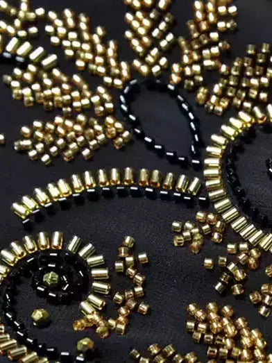 Black Beaded Chiffon Gown with Gold Embroidery - Dresses