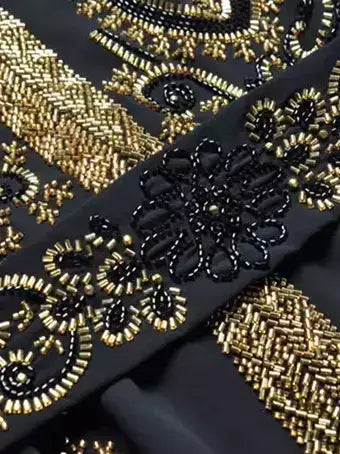 Black Beaded Chiffon Gown with Gold Embroidery - Dresses