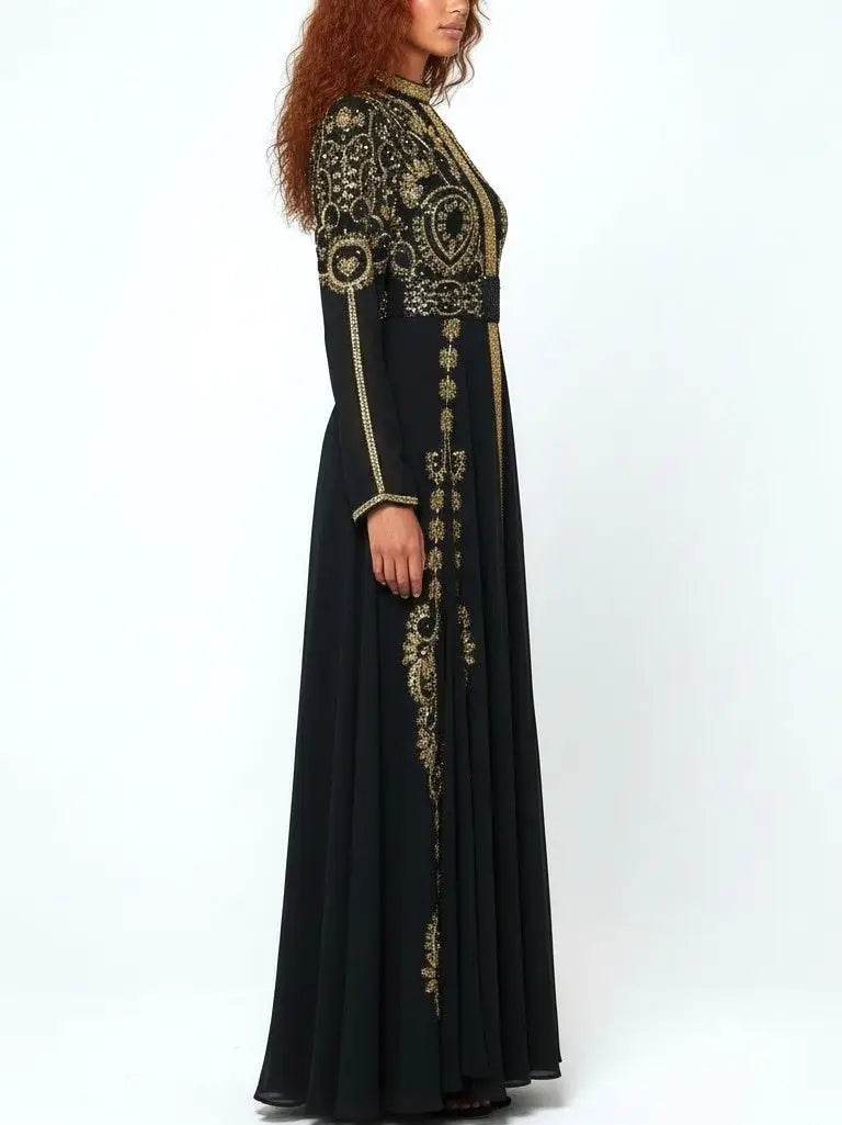 Black Beaded Chiffon Gown with Gold Embroidery - Dresses