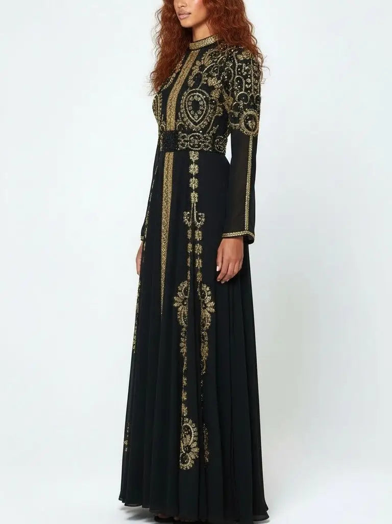 Black Beaded Chiffon Gown with Gold Embroidery - Dresses