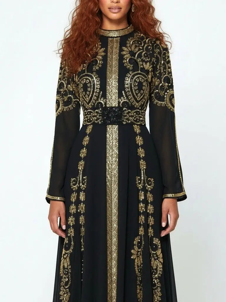 Black Beaded Chiffon Gown with Gold Embroidery - Dresses