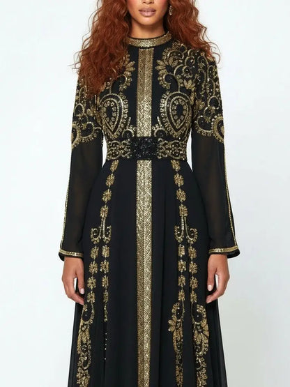 Black Beaded Chiffon Gown with Gold Embroidery - Dresses