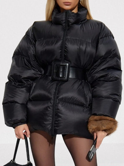 Black Belted Down Puffer Jacket - Jackets
