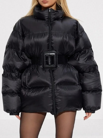 Black Belted Down Puffer Jacket - Jackets