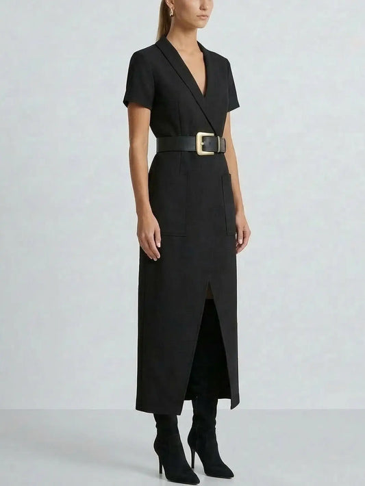 Black Belted Midi Dress with V-Neck - Dresses