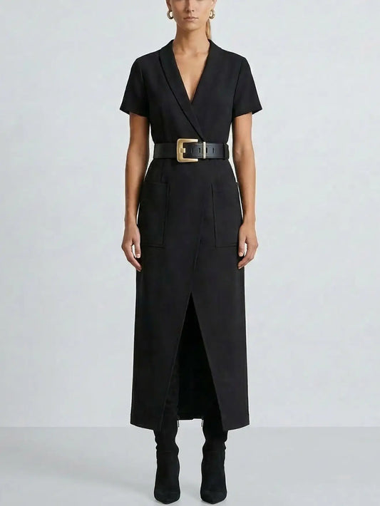 Black Belted Midi Dress with V-Neck - S - Dresses