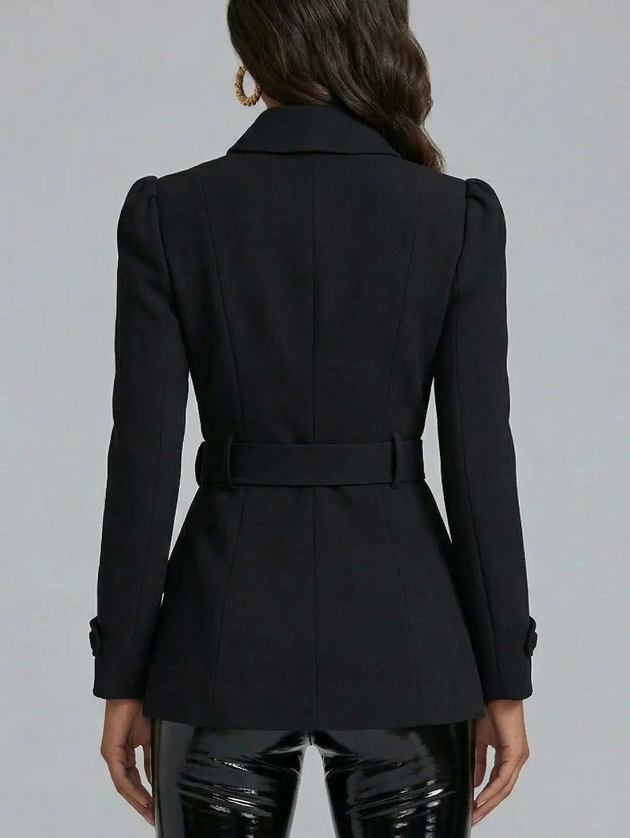 Black Belted Tailored Blazer with Gold Buckle - Jackets