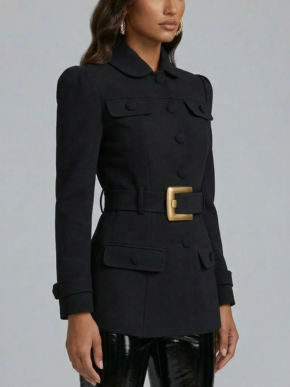 Black Belted Tailored Blazer with Gold Buckle - Jackets