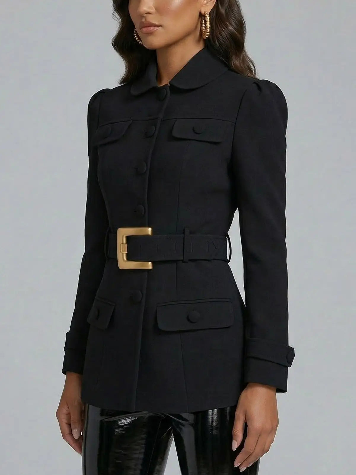 Black Belted Tailored Blazer with Gold Buckle - Jackets