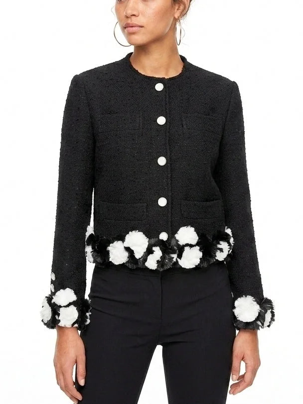 Black Bouclé Jacket with 3D Appliqué Detail - Jackets