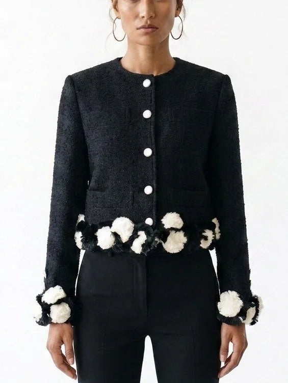 Black Bouclé Jacket with 3D Appliqué Detail - Jackets