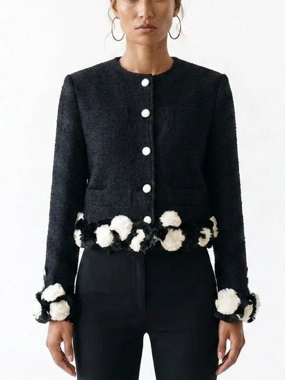 Black Bouclé Jacket with 3D Appliqué Detail - Jackets