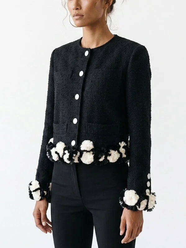 Black Bouclé Jacket with 3D Appliqué Detail - Jackets