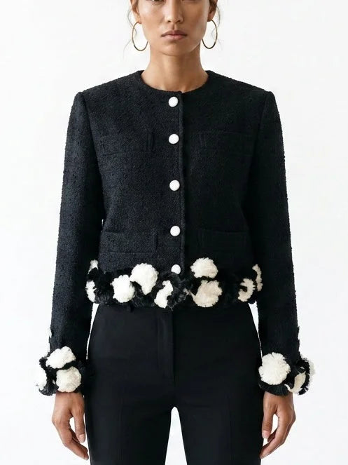 Black Bouclé Jacket with 3D Appliqué Detail - Jackets