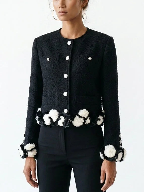 Black Bouclé Jacket with 3D Appliqué Detail - Jackets
