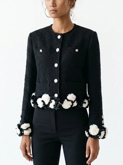Black Bouclé Jacket with 3D Appliqué Detail - Jackets