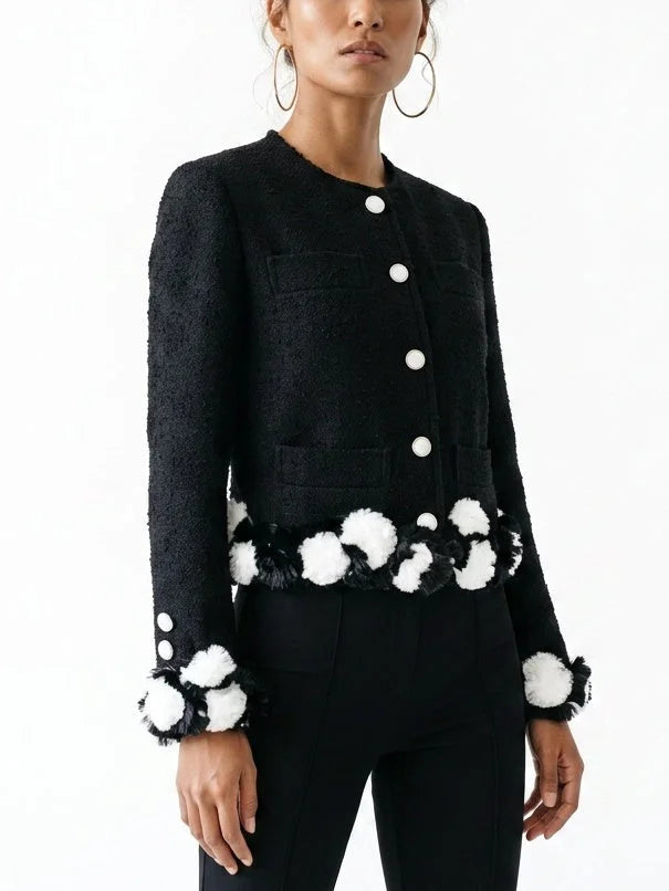 Black Bouclé Jacket with 3D Appliqué Detail - Jackets