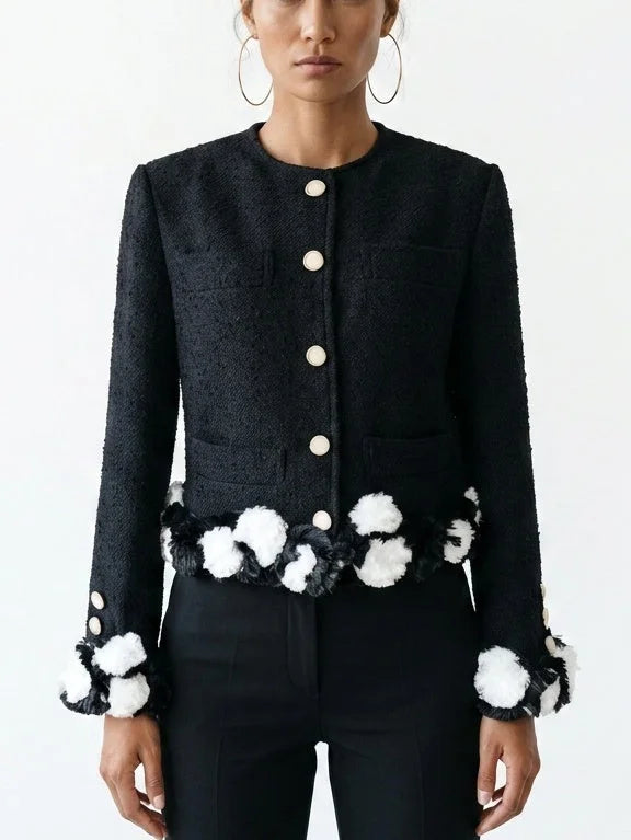 Black Bouclé Jacket with 3D Appliqué Detail - Jackets