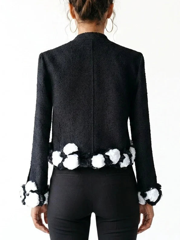 Black Bouclé Jacket with 3D Appliqué Detail - Jackets