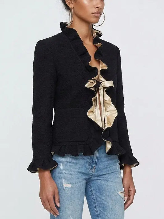 Black Boucle Tweed Ruffle Jacket with Contrast Lining - Jackets