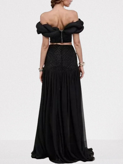 Black Braided Top and Skirt Set with Rhinestones - Suits & Sets