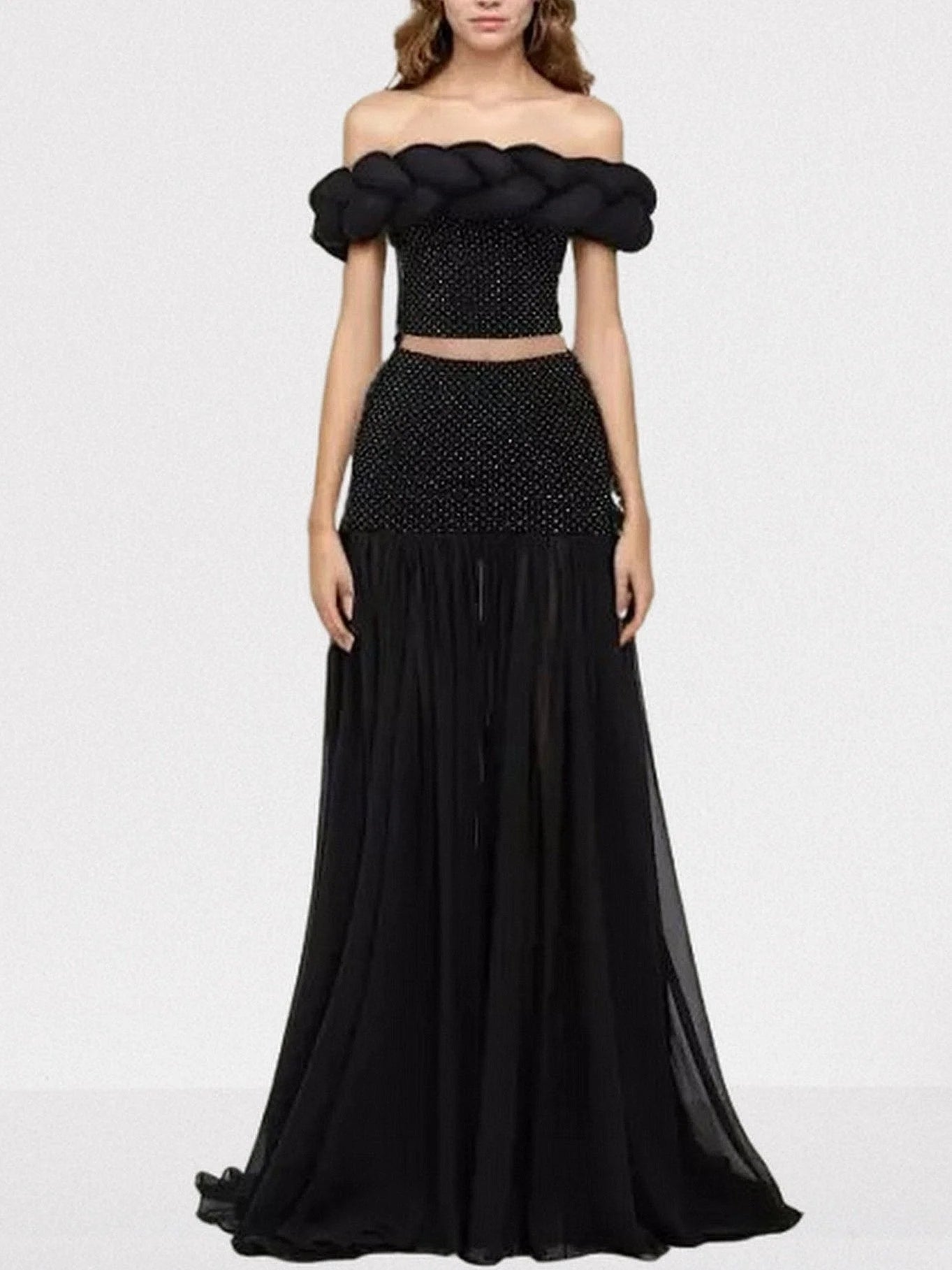Black Braided Top and Skirt Set with Rhinestones - Suits & Sets