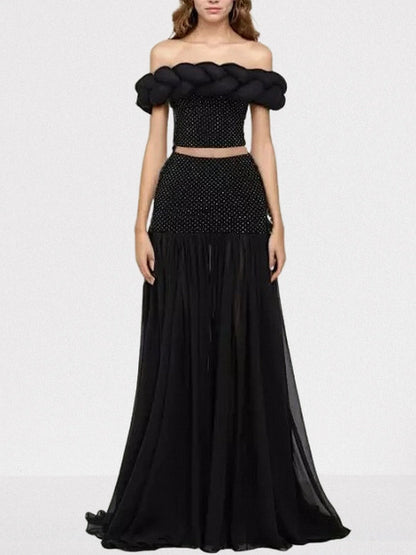 Black Braided Top and Skirt Set with Rhinestones - Suits & Sets