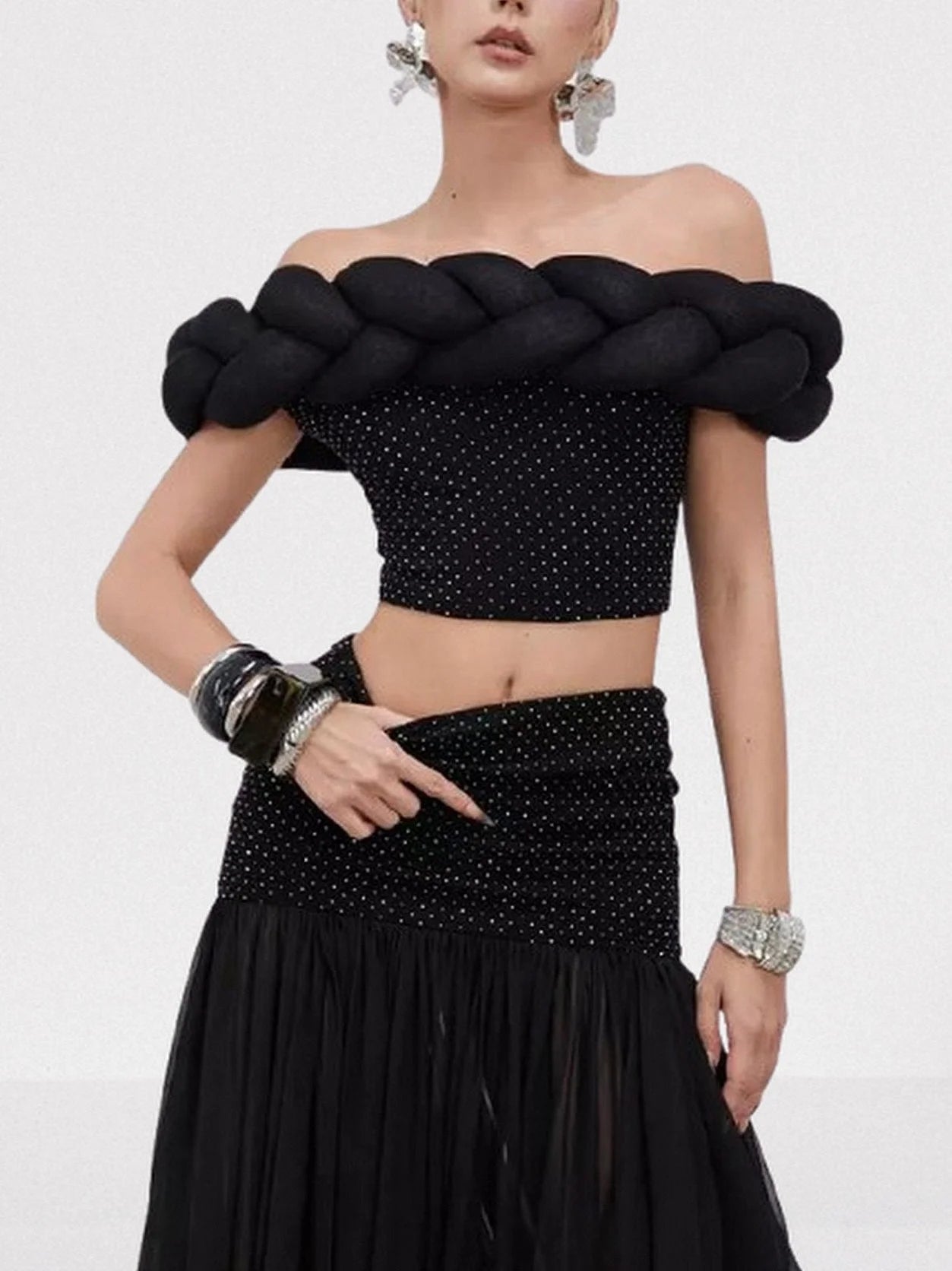 Black Braided Top and Skirt Set with Rhinestones - Suits & Sets