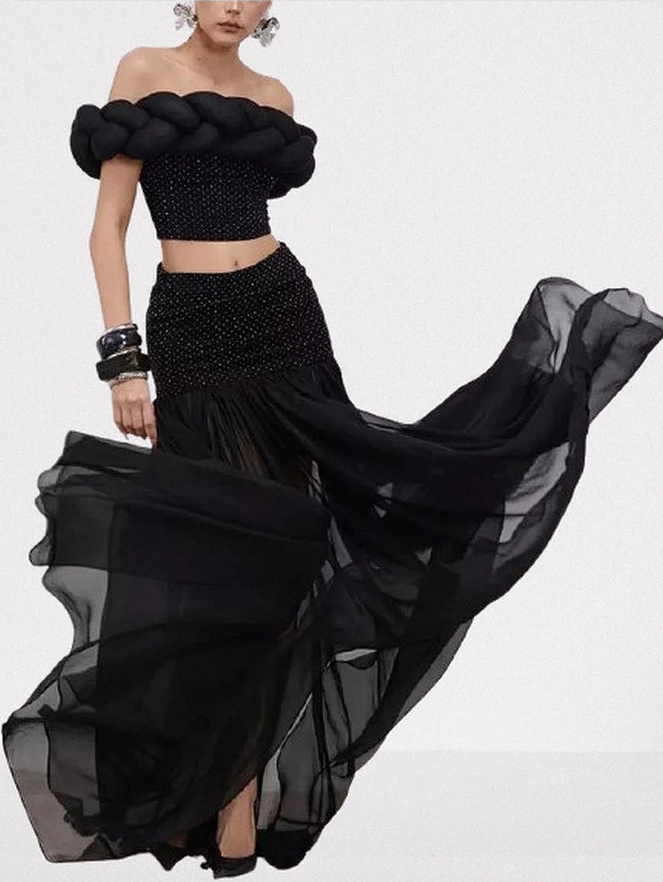 Black Braided Top and Skirt Set with Rhinestones - Suits & Sets