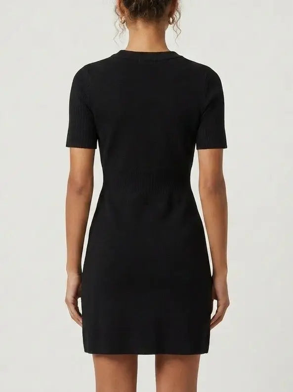 Black Buttoned Embellished Knit Mini Dress - Dresses