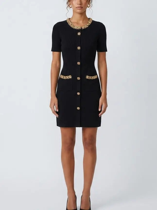 Black Buttoned Embellished Knit Mini Dress - Dresses