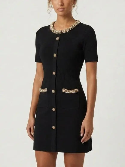 Black Buttoned Embellished Knit Mini Dress - Dresses