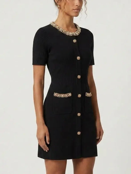 Black Buttoned Embellished Knit Mini Dress - Dresses