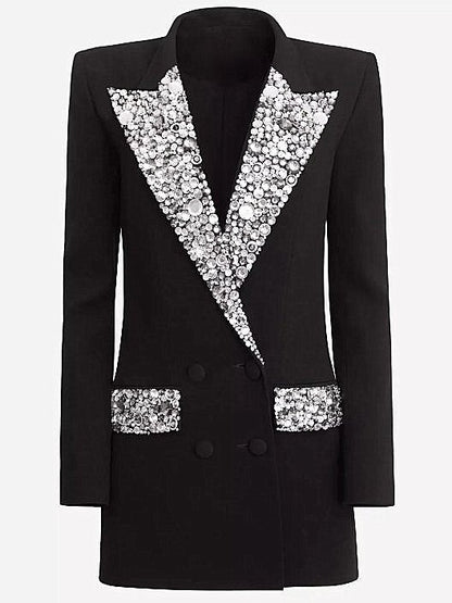 Black Cady Blazer-Mini Dress with Crystal-Embellished Collar and Pockets