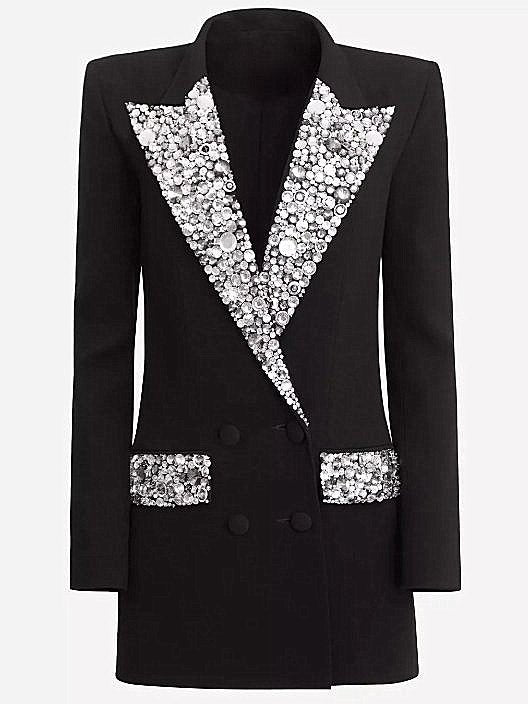 Black Cady Blazer-Mini Dress with Crystal-Embellished Collar and Pockets