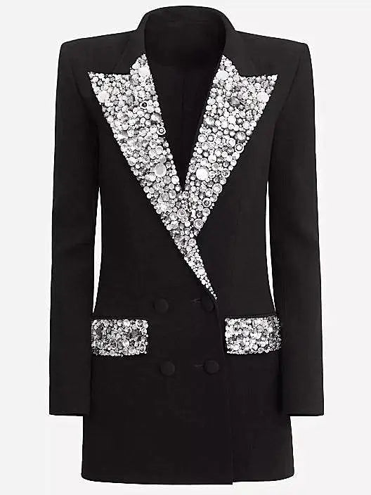 Black Cady Blazer-Mini Dress with Crystal-Embellished Collar and Pockets - S - Dresses