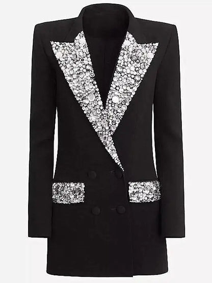 Black Cady Blazer-Mini Dress with Crystal-Embellished Collar and Pockets - S - Dresses
