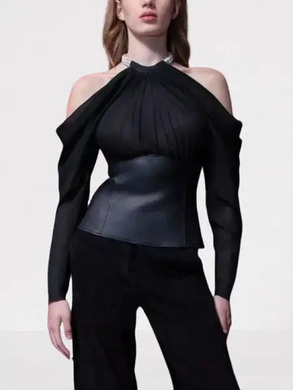 Black Cold-Shoulder Leather Corset Top - Tops