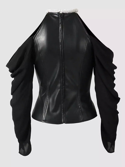 Black Cold-Shoulder Leather Corset Top - Tops