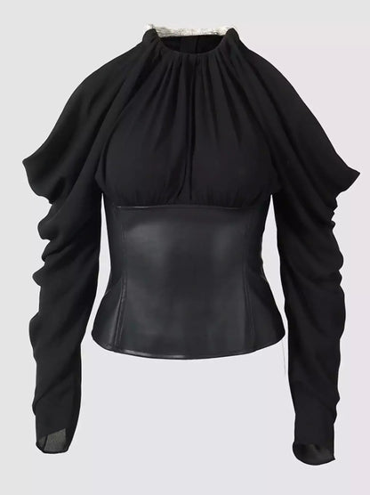 Black Cold-Shoulder Leather Corset Top - Tops