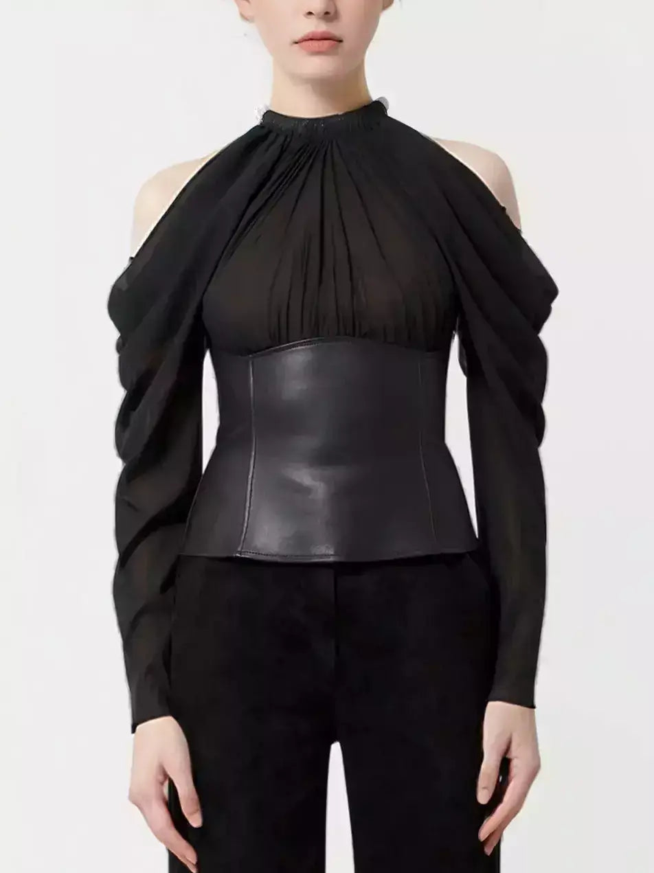 Black Cold-Shoulder Leather Corset Top - Tops