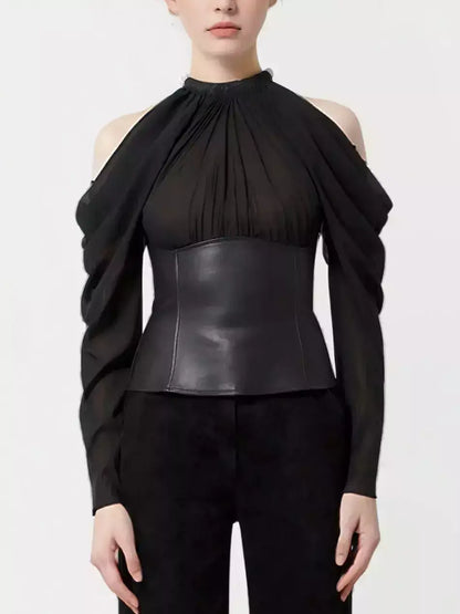 Black Cold-Shoulder Leather Corset Top - Tops