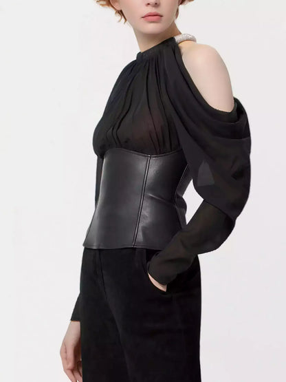 Black Cold-Shoulder Leather Corset Top - Tops