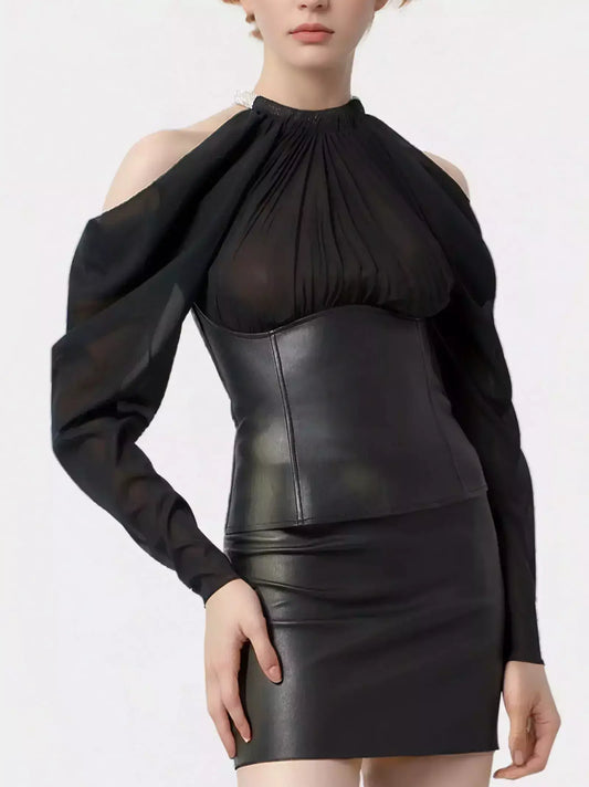 Black Cold-Shoulder Leather Corset Top - Small - Tops
